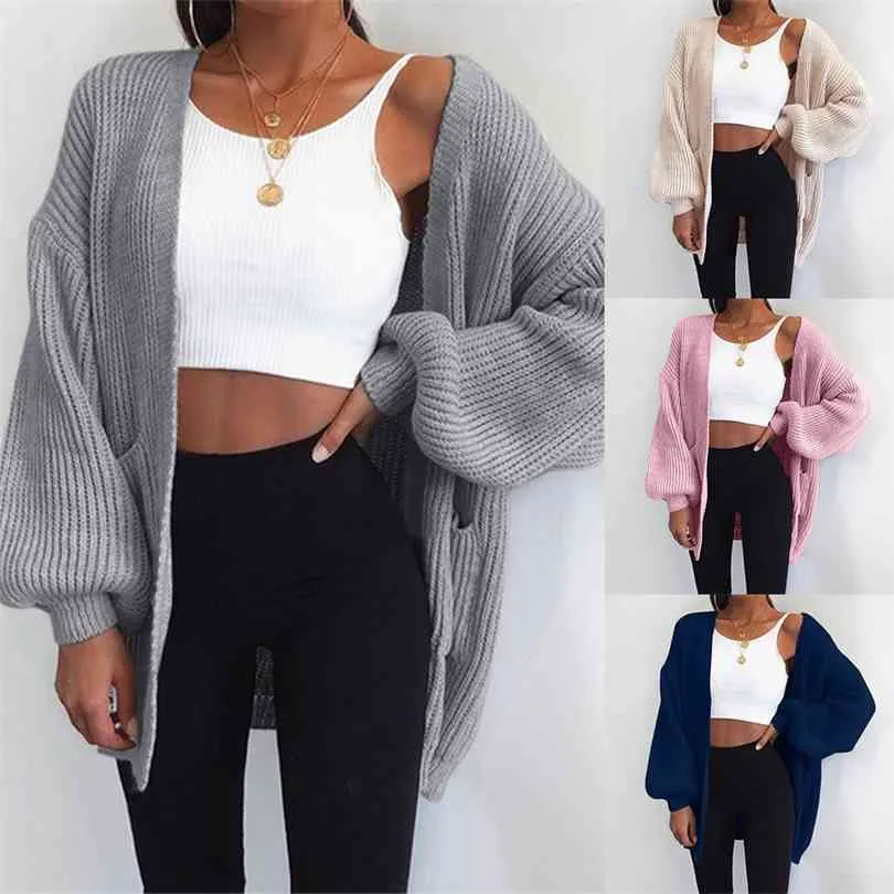 Loose Knitted Cardigan Sweater For Women Open Stitch Long Sleeve Autumn Spring Coat Solid Casual Oversize 210922