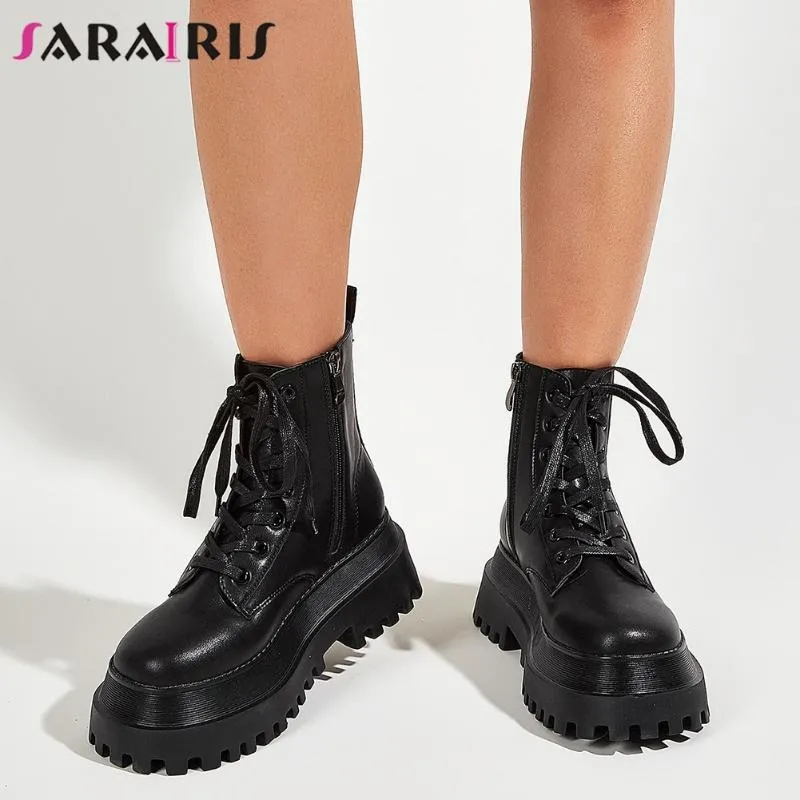 Boots SARAIRIS Women's Ankle Platform Chunky Heels Shoelace Zipper Motorcycle Short Street Fashion Brand Female Shoes