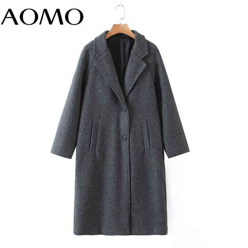 Aomo Kvinnor Vintergrå Tjocka Woolen Coats Med Knapp Lösa Långärmad Focken Ladies Elegant Overcoat 2Z18A 211118