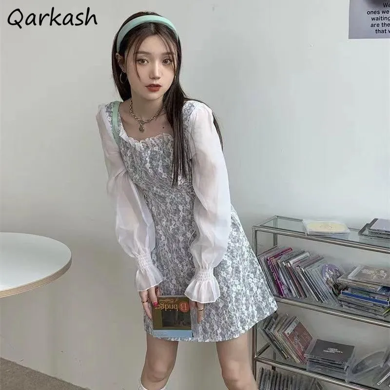Casual Dresses Dress Women Sweet Floral Summer Fairy Lace Patchwork Mesh Long Sleeve Elegant Teen Girls A-line Sexy Square Collar Streetwear