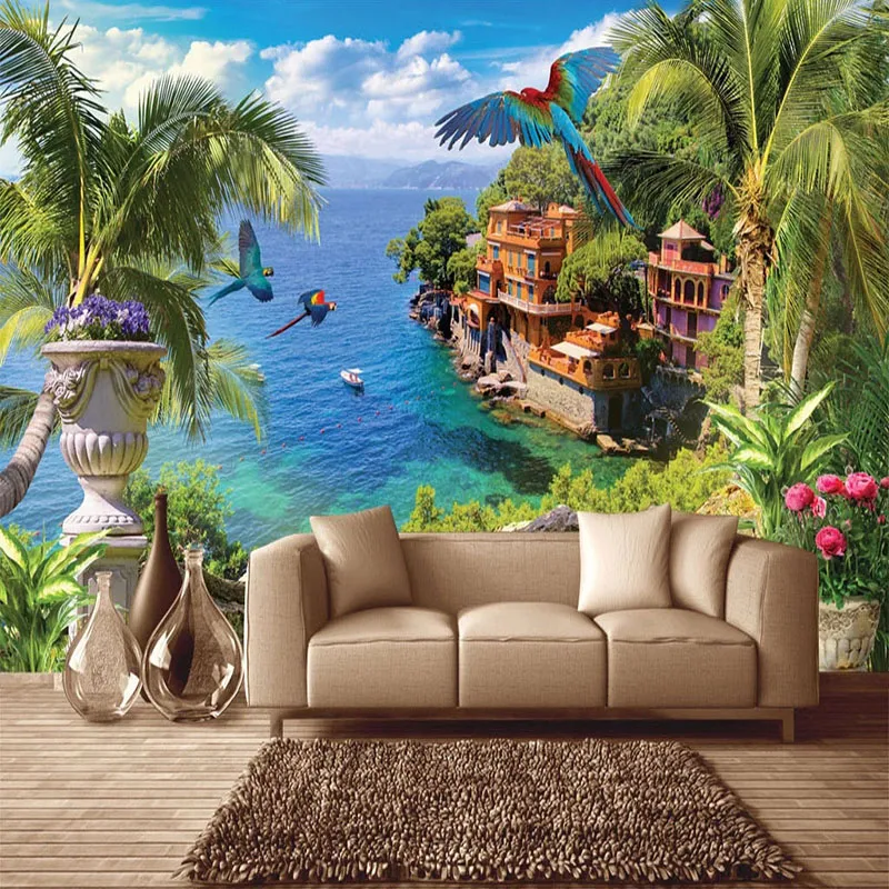 Benutzerdefinierte Tapete 3D Kokospalme Blume fliegender Vogel Meer Landschaft Foto Wandmalereien Wohnzimmer Thema Hotel Hintergrund Wand