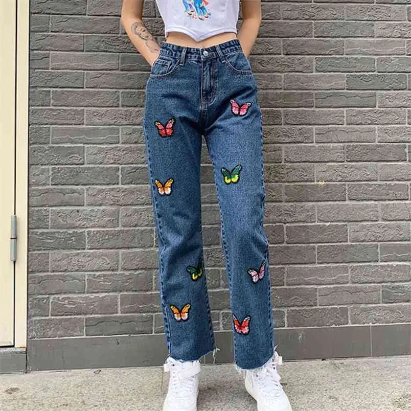 SHENGPALAE Casual Jeans Woman Long Trousers Cowboy Female Loose Streetwear Butterfly Embroidered Straight Pants ZA4377 210708