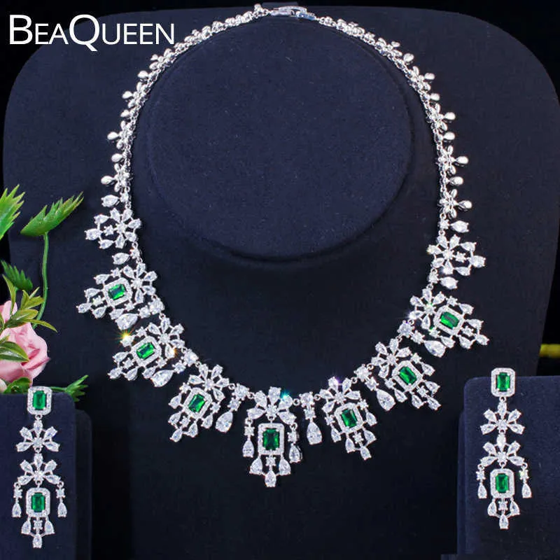 BeaQueen Green Cubic Zirconia Chandelier Boucles d'oreilles et collier Big Dubai Ensembles de bijoux de mariée Femmes Accessoires de mariage JS207 H1022