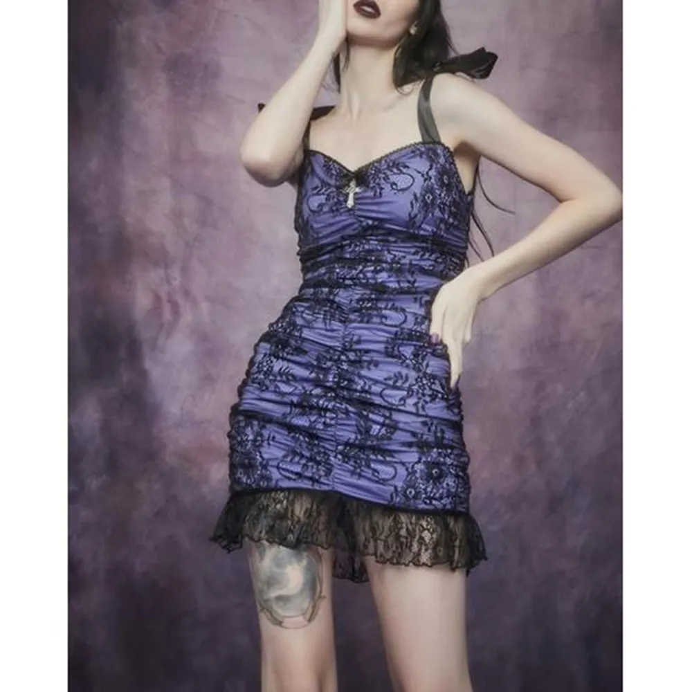 Rosetic Gothic Mesh Pleated Sexy Strap Dress Women Dark Girl