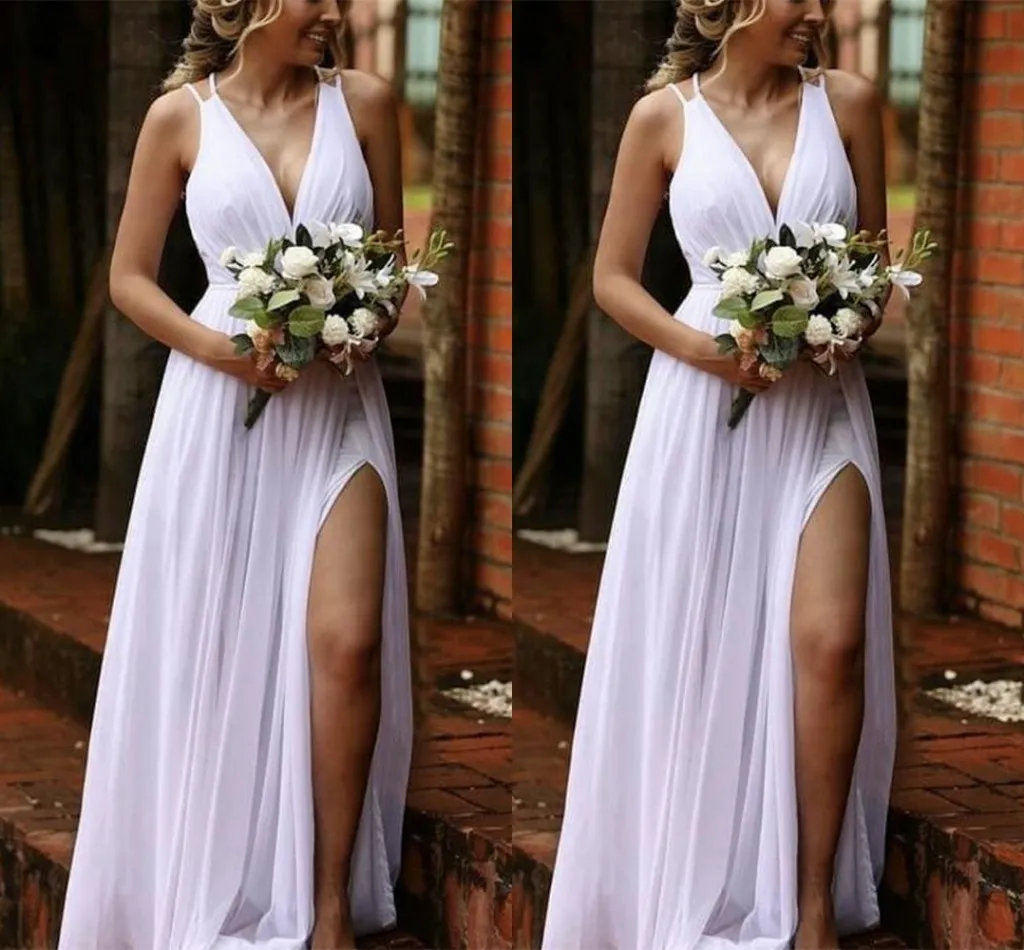 Günstige einfache, bescheidene neue Chiffon-Strandhochzeitskleider mit tiefem V-Ausschnitt und bodenlangem High Side Split Boho Bohemian Brautkleider Hochzeitskleid