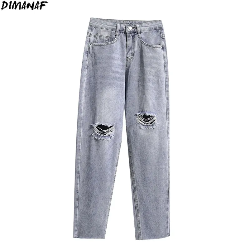 Dimanaf plus storlek kvinnor jeans byxor hål mode hög midja denim harem kvinnliga rippade fickor blå byxor stor s-5xl 210629