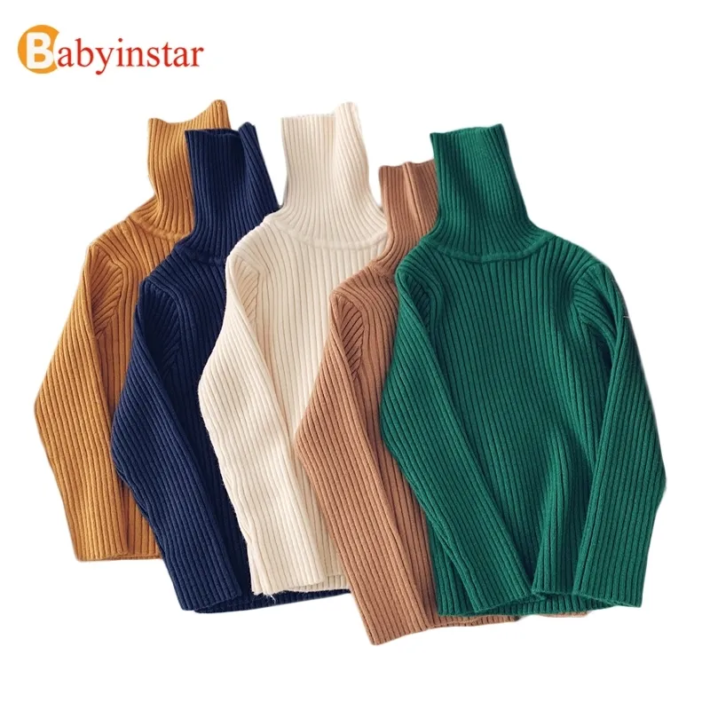 Babyinstar baby pojkar solid färg turtleneck stickad pullover tröja baby flicka vinter kläder långärmad botten stickning topp 210308