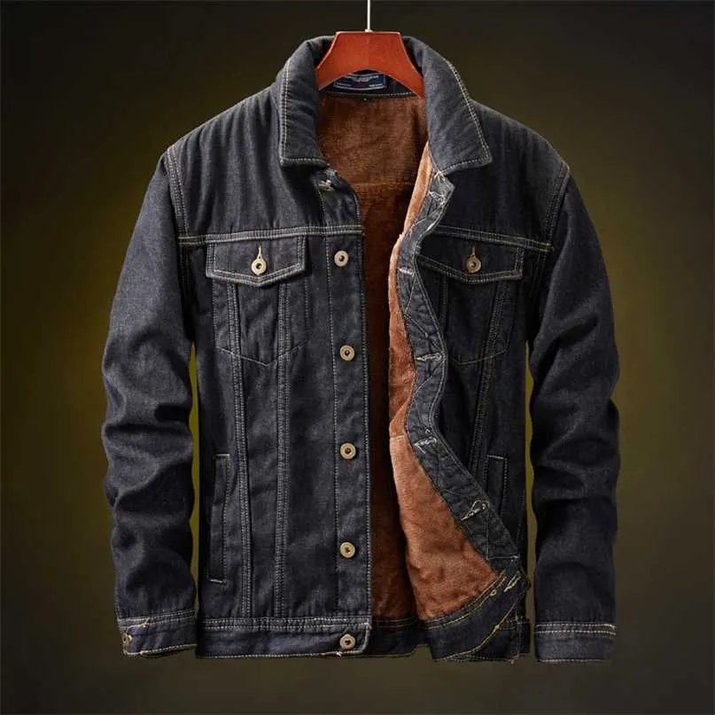 Inverno homens grossos jaquetas e casacos quentes velo denim jaqueta moda homens preto vintage homens casaco plus grande tamanho m-5xl 211025