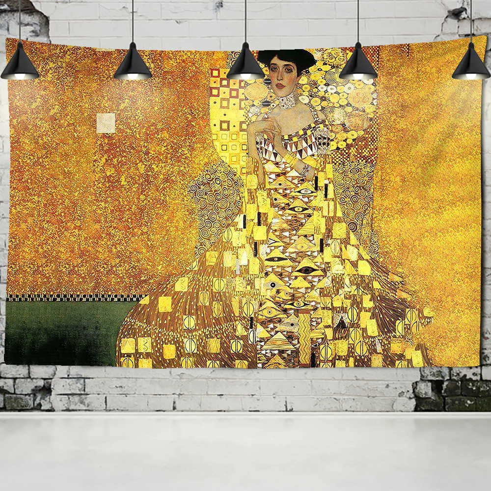 Gustav Klimt Oil Painting Tapestry Wall Hanging Kiss Of Gold Abstract Art Decoration Polyester Blanket Yoga Mat Home Bedroom Art 210609