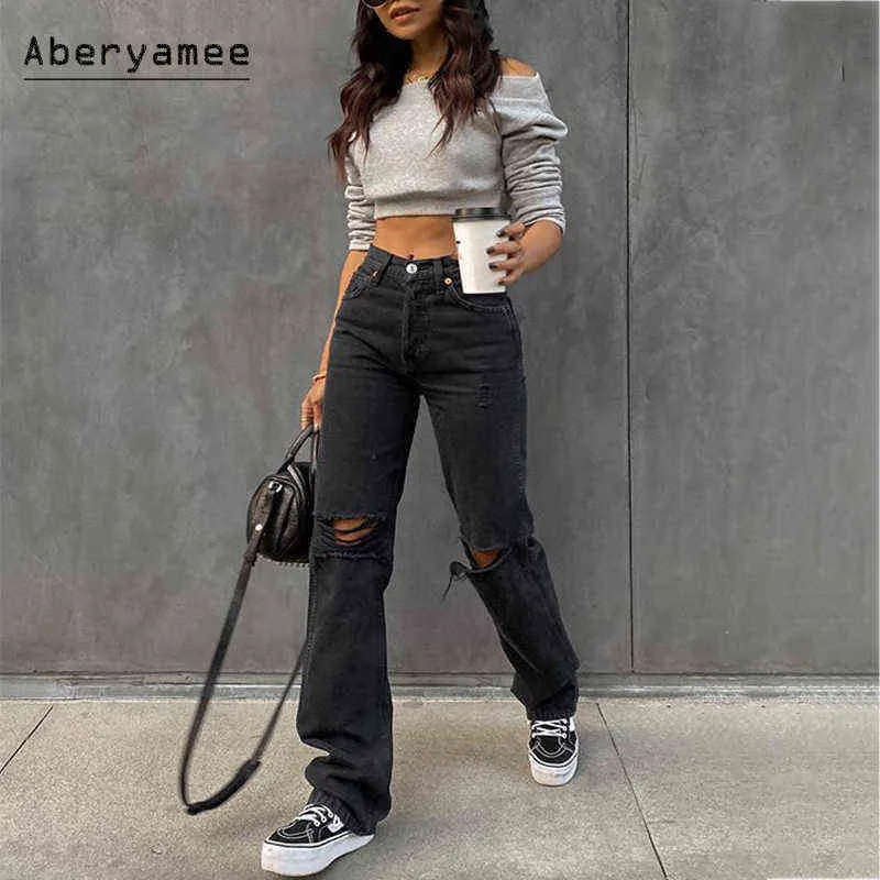 Aberyamee Jeans strappati da donna Pantaloni lunghi casual anni '90 High Street Lady Fashion Outwear Tasche con bottoni solidi Pantaloni larghi BF 211129