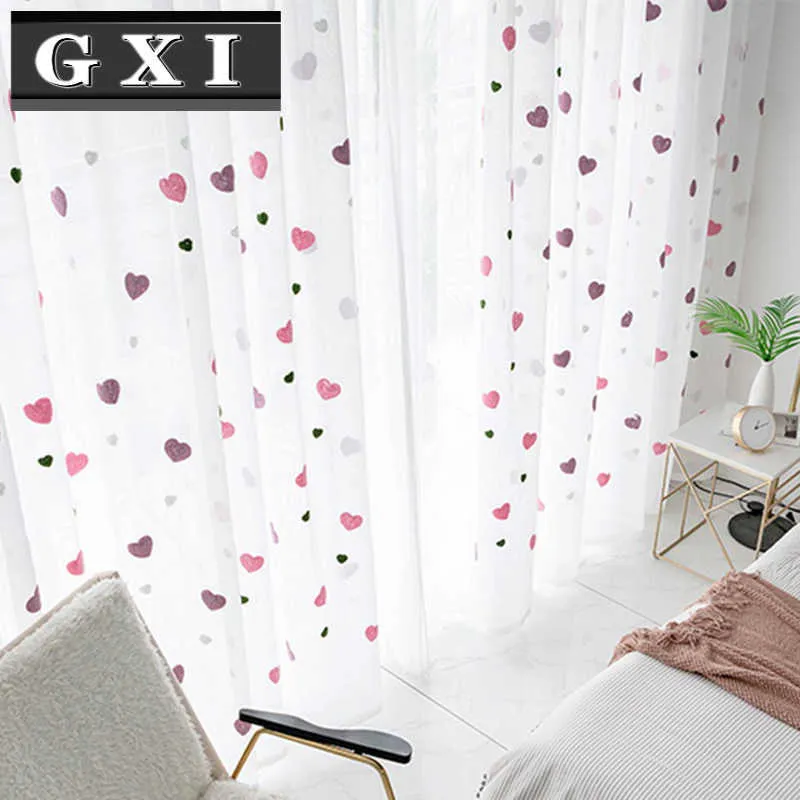 Gxi zoete roze hart voile gordijn voor woonkamer kinderen meisjes slaapkamer cartoon geborduurd cortinas tule window panel 210712