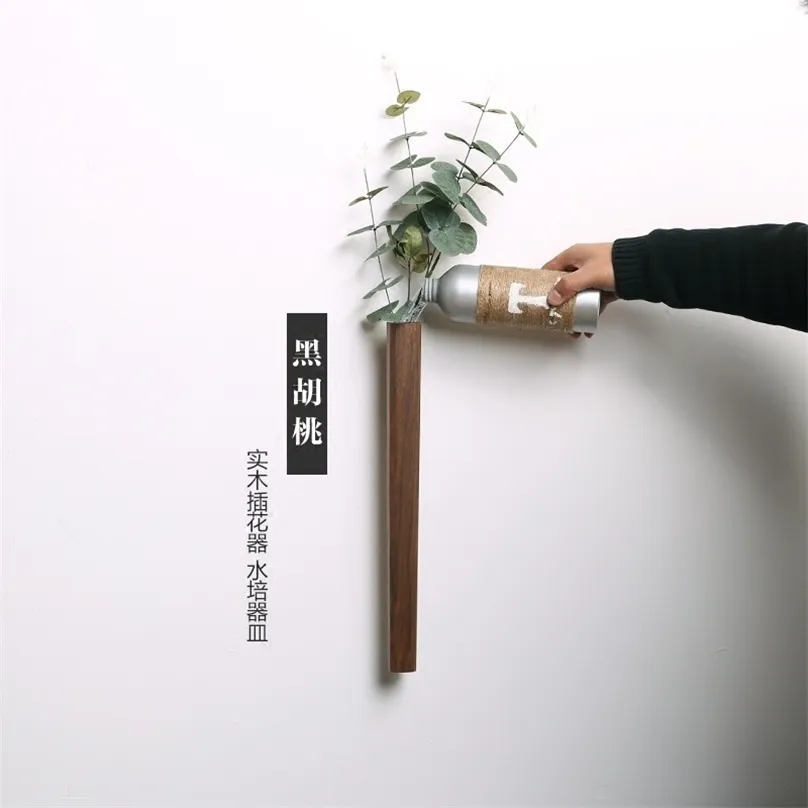 Nordic handgjorda massivt trä väggvase hydroponic blomma växt pott bonsai glasflaska hem bar restaurang dekor entré prydnad 211215