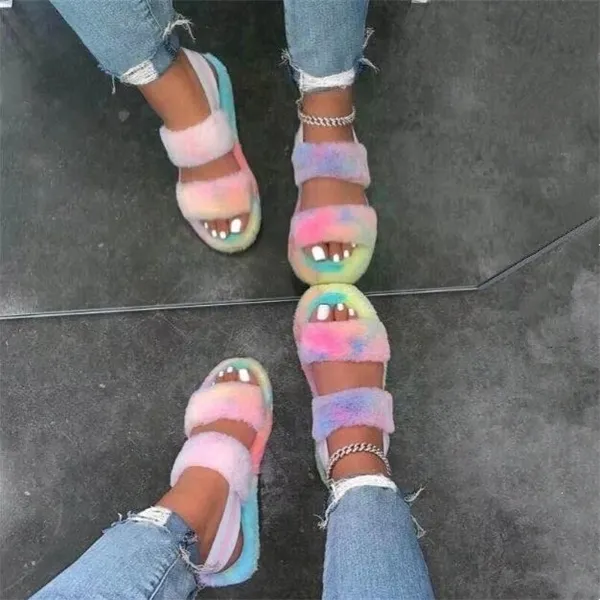 outdoor flat-bottomed non-slip women sandals 2021 winter double-layer fox fur comfortable and casual all-matched strap slippers Y1120