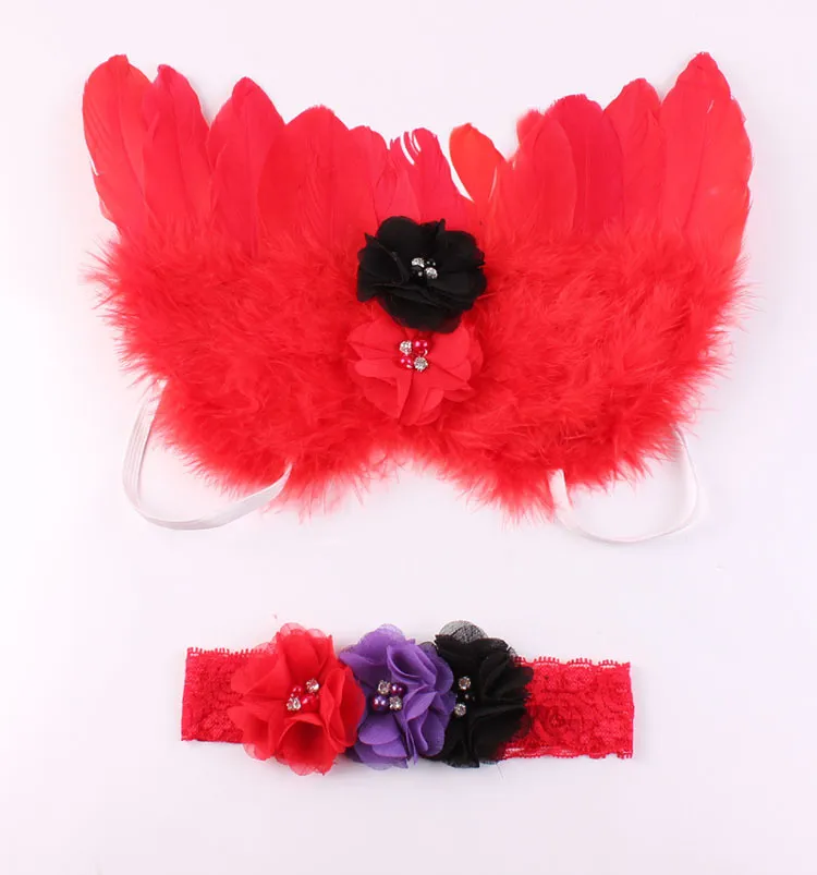 Ala de bebê recém-nascido com rendas chiffon flor headbands fotografia adereços conjunto infantil Angel Fairy Feather Traje Foto Headband Prop Baw23