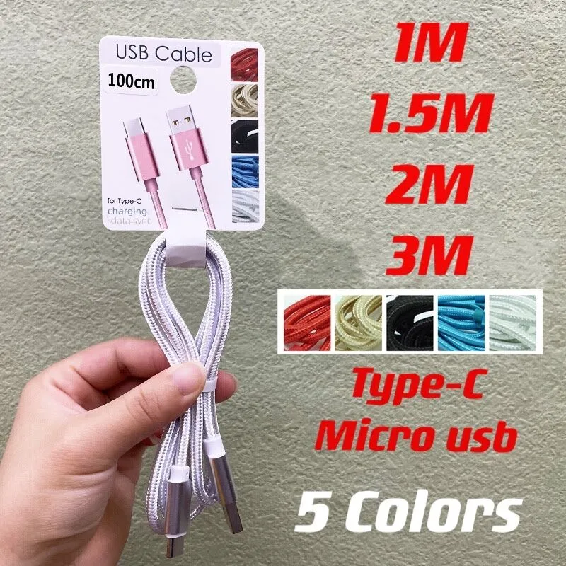 Tecido de liga de alumínio Trançado Tipo-C Cabos 1M 3FT 1,5 M 2M 6FT 3M 10FT Micro V8 5Pin USB Cabo de carregamento de dados para telefone Moblie