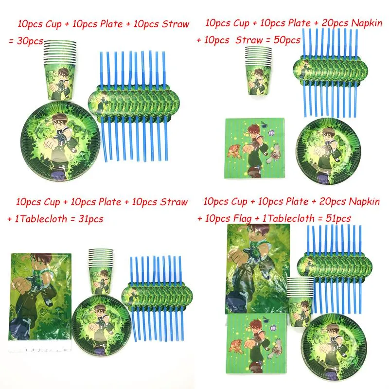 Vaisselle jetable Ben 10 dessin animé vaisselle papier fête d'anniversaire fournitures tasse assiette serviette paille nappe bébé douche décor