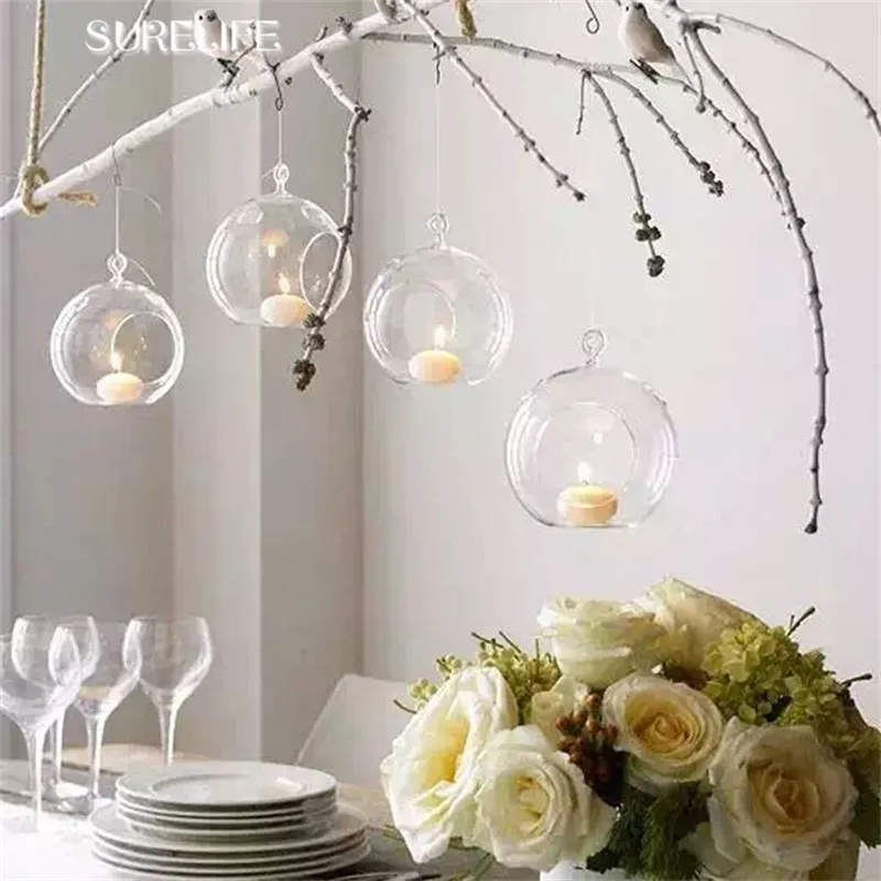 12pcs 6 / 8cm Suspensão Tealight Titular Globos de vidro Terrário Casamento Candle Candlestick Vaso Home Hotel Bar Decoração Y200109