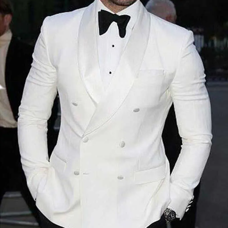 Dubbelbröst Vit Bröllop Tuxedo 2 Piece Slim Fit Män Passar Med Svart Byxor 2020 Prom Male Fashion Groom Kostym Jacka X0909