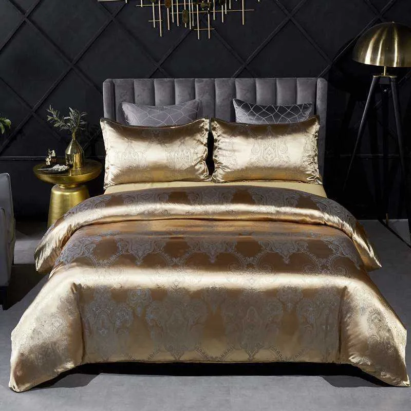 Drop Wedding Luxury Bedding Sets Jacquard Duvet Cover Set sängkläder Gold 2 / 3pcs sängkläder Queen King 210615