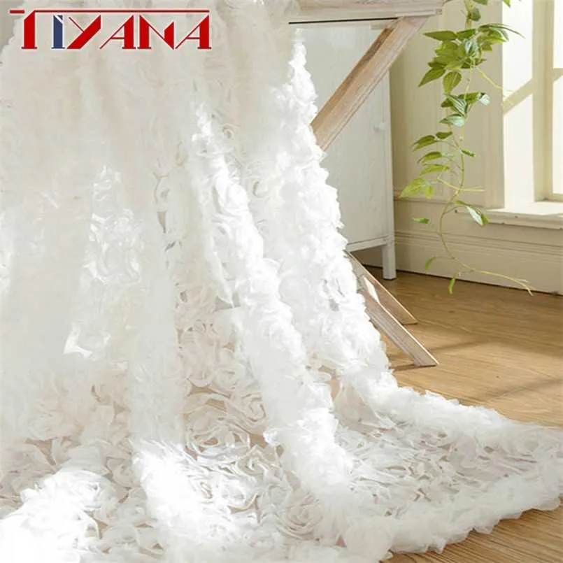 Pastoral Korean Creative White Lace 3D Rose Curtain Pink Voile Custom Window Screens For Marriage Living Room Bedroom wp148-40 211203