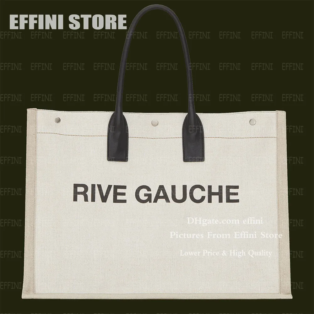 5A+Top Designer Handbags Beach Rive Gauche Tote Bags Women Rivet Fashion Black Linen Shoulder Purses luxurious Large Capacity Travel Shopping Bag 48cm Effini