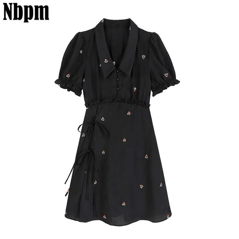 夏のドレスの女性の黒いファッションフランスの短いパフの袖の女性のドレス甘い正方形の襟の女性エレガントなSundress Heart 210529