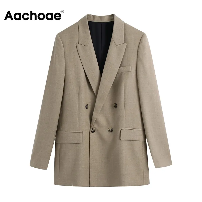 Aachoae Office Casual Double Breasted Khaki Blazer Suit Women Notched Neck Elegant Blazers Long Sleeve Ladies Tops Outerwear 211006