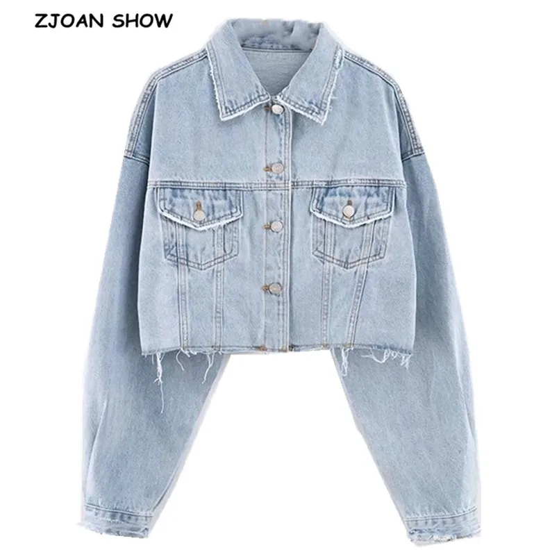 Autumn Drop Shoulder Loose Short Denim Jacket Vintage Women Lapel Pockets Single Breasted Draped Jean Coat Cool Outerwear 211029