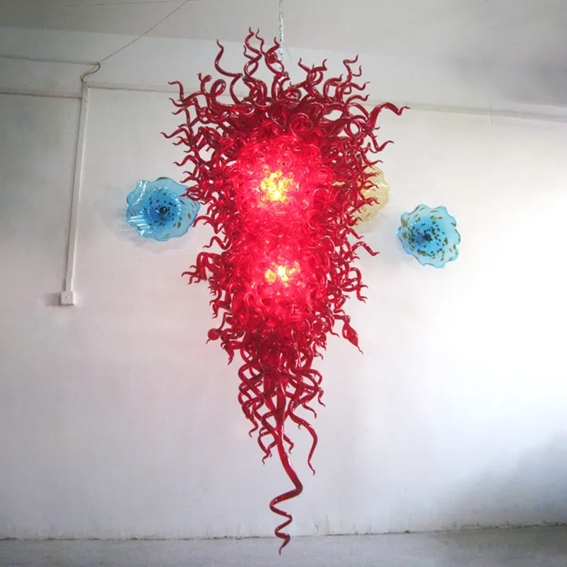 Artistiek huis hanglampen AC 110-240V 100% mond geblazen borosilicaat glazen kroonluchter licht rode kleur led indoor elegante aangepaste lichten 48 of 60 inches