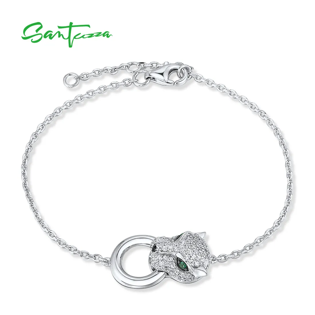 Santuzzza 100% 925 pulseira de prata esterlina para mulheres leopardo pantera verde spinel preto zirconia ajustável jóias fina 210315