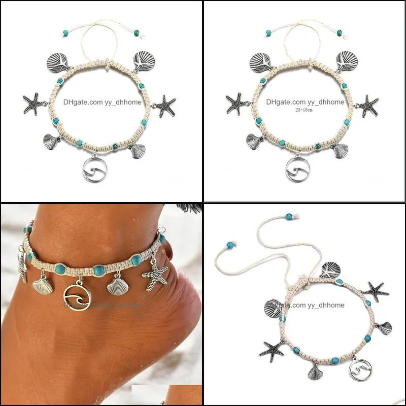 Charm Bracelets Style Starfish Beach Women`s Bracelet Anklet Shell Sea Wave Knitting Pendant Hand And Foot Accessories