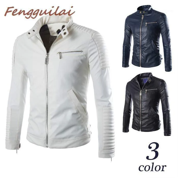 Jaquetas dos homens Marca Branco Preto PU Jaqueta de Couro Homens 2021 Inverno Motocicleta Design Mens Slim Fit Motociclista Elegante Homme Veste Cuir