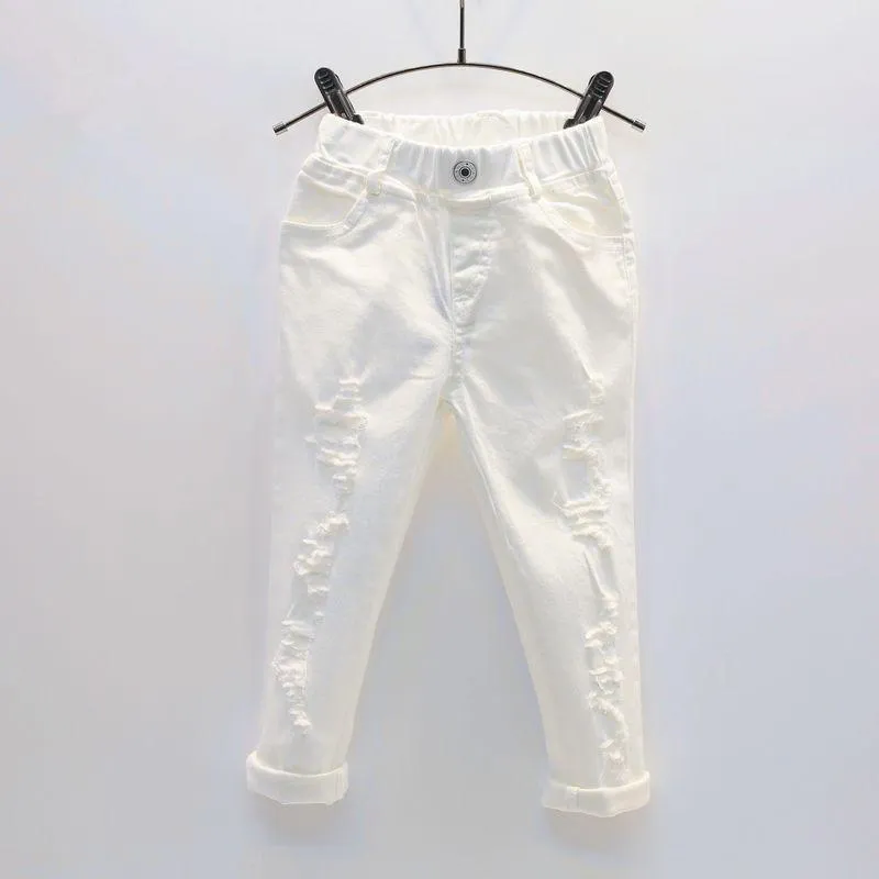 Jeans 2021 Summer Baby Girls Boy White Denim Pants Children's Ripped Trousers Kids Broken Toddler Leggings 2 3 4 5 6 7 Years