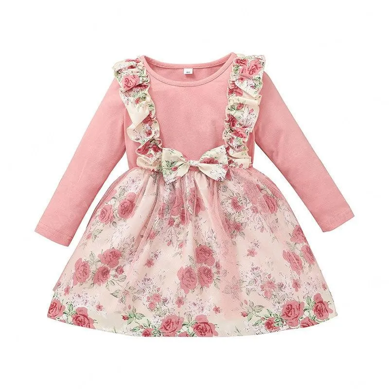 Girls Rose Flower Print Tulle Dress Fall 2021 Kids Boutique Clothing Korean 1-5T Children Long Sleeves Cotton Dresses