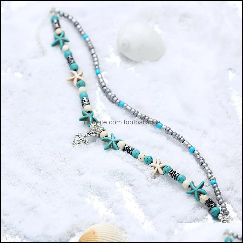 New bohemian Turquoise Anklets bracelets Retro Elephant turtle starfish tree of life owl heart women beach foot chain For Ladies