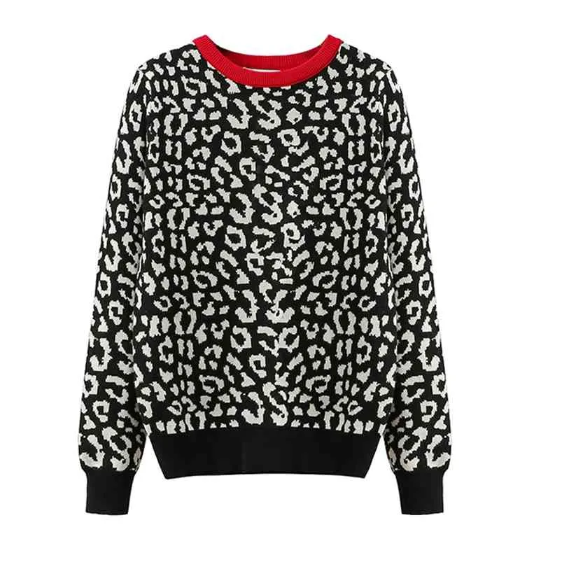 Koreaanse jumper herfst winter gebreide trui vrouwen oversized truien vrouwelijke luipaard jacquard mode wollen mengsels trui 210812