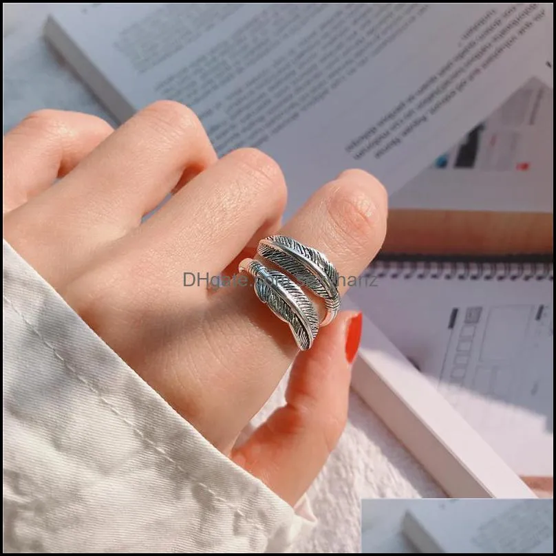 S1015 Hot Fashion Jewelry S925 Sterling Sliver Ring Cat Vintage Feather Open Finger Ring