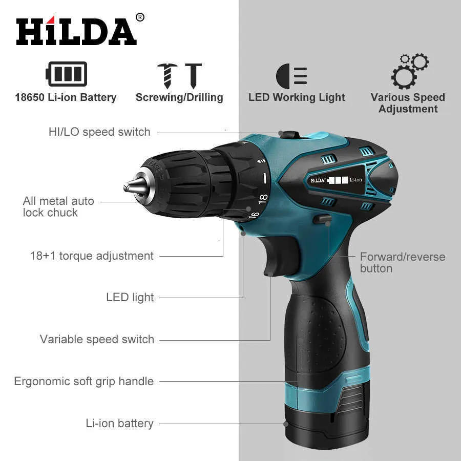 HILDA Electric Drill Cordless Screwdriver Lithium Battery Mini