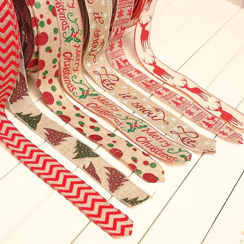 200cm Linen Christmas Gift Box Decorations Ribbons Printing Grosgrain DIY Lace Ribbon for Xmas Wrapping WLL380