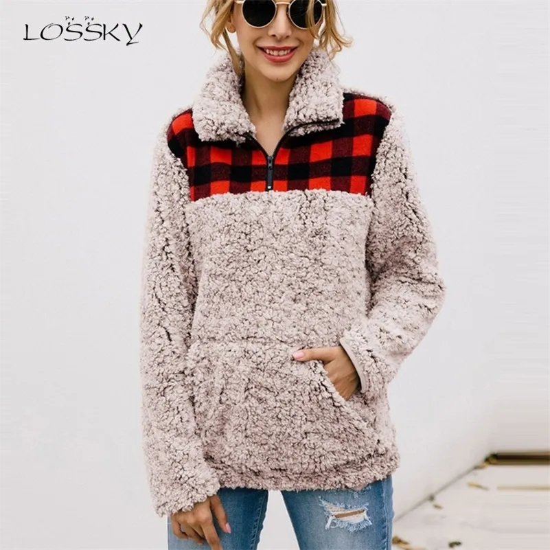 Lossky Frauen Plaid Stitching Langarm Sweatshirt Herbst Winter Plüsch Warme Tops Reißverschluss Fronttasche Kleidung Weibliche Streetwear LJ201103