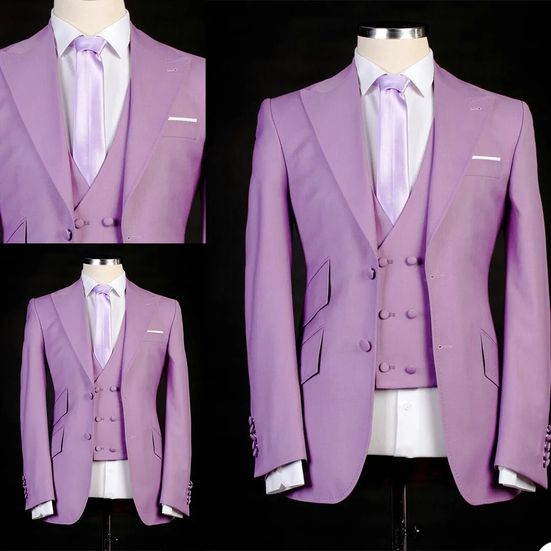 Business Mens Tuxedos Purple Groom Two Button Wedding Blazer Suits Formal Prom Party Pants Coat Jacket 3 Pieces