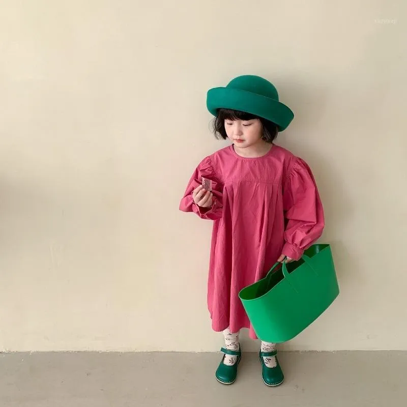 Robes de fille printemps enfants filles mignon robe vêtements coréen lâche couleur unie bouffée à manches longues coton princesse enfants vêtements