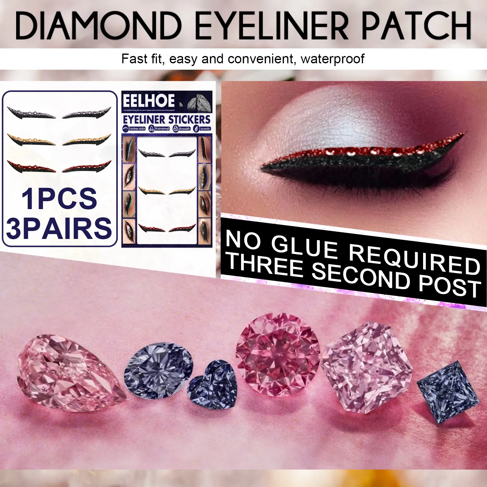 3 par / set eyeliner klistermärken vattentät återanvändbar diamant glitter ögonlock linje stick dubbel ögon smink glans i halloween fest