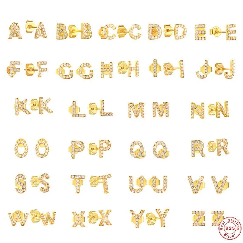 Étalon minimaliste 26 boucles d'oreilles de lettre anglaise pour femmes filles 925 Sterling Silver Alphabet Initial CZ Zircon Eaute