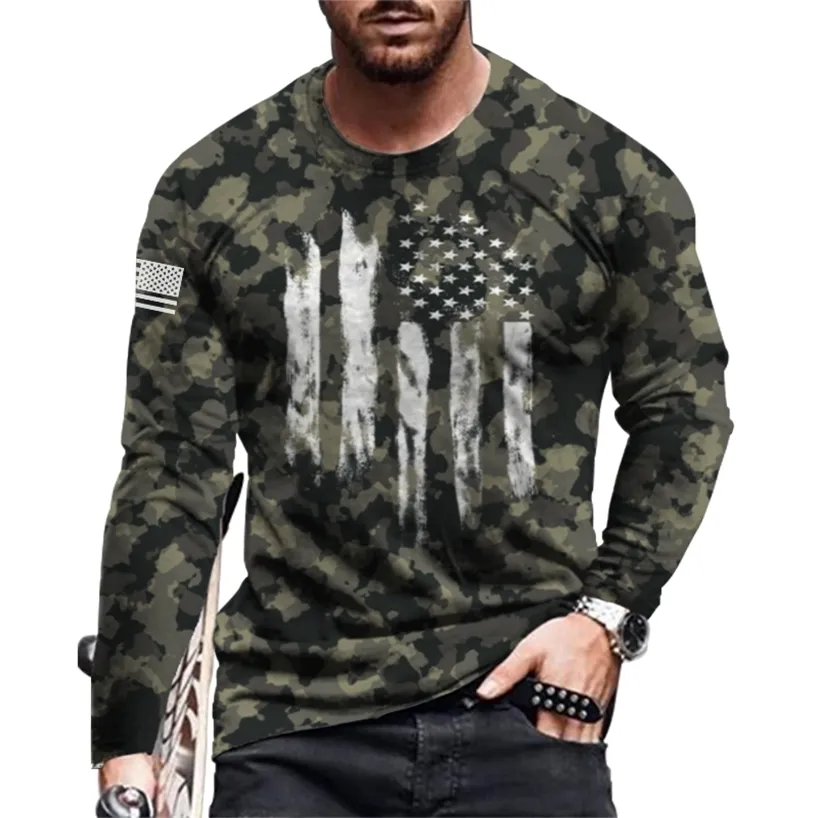 T-shirt à manches longues en coton pour hommes, ample et décontracté, col rond, imprimé drapeau National, Hip Hop, op Camisetas, automne printemps, 220312