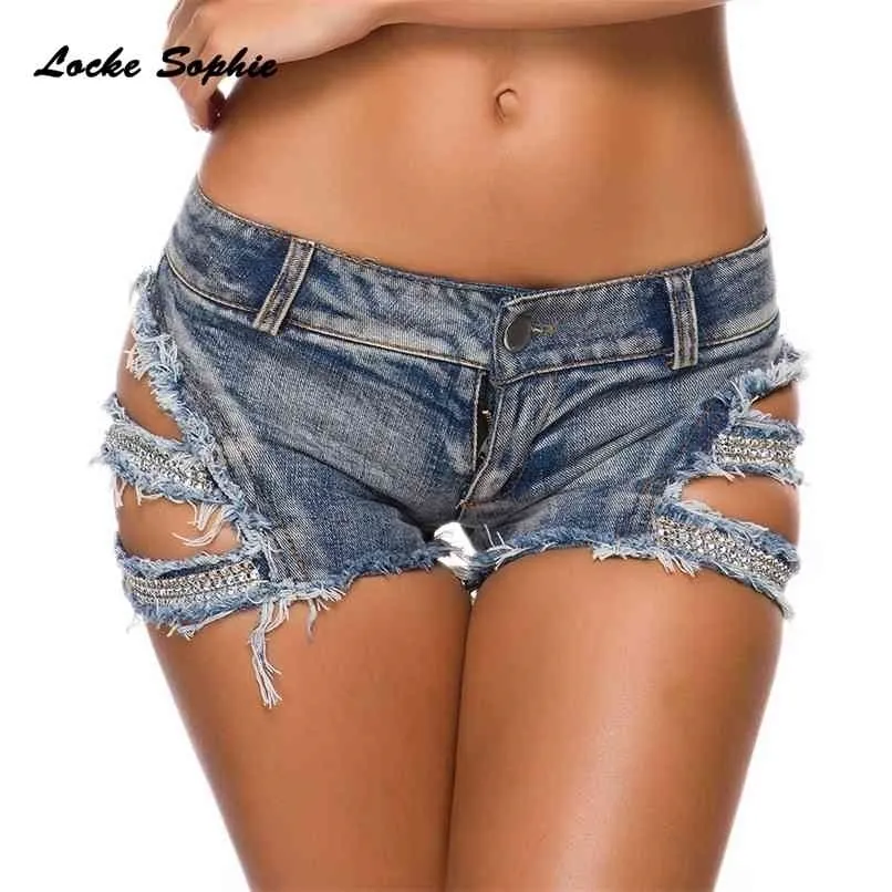 Låg midja kvinnors sexiga super denim shorts sommar bomull diamanter splicing damer skinny club kort jeans 210724