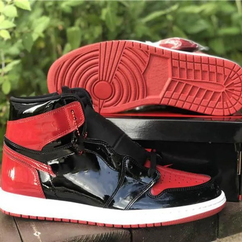 2021 Release Jumpman 1 High OG Bred Patent Basketball Shoes RED BLACK 1s Patent-leather sport Outdoor Sneakers Top Quality Ship With Box