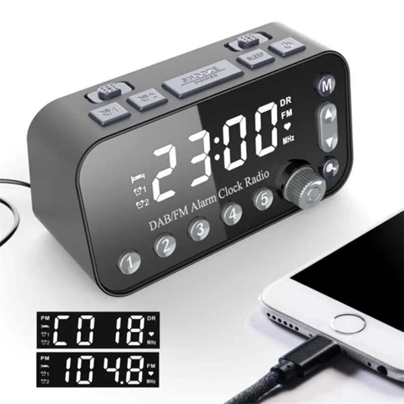 Digital Despertador Dab FM Rádio, Dual USB Porta de Carregamento LCD Display Retrovisor Volume ajustável 210804