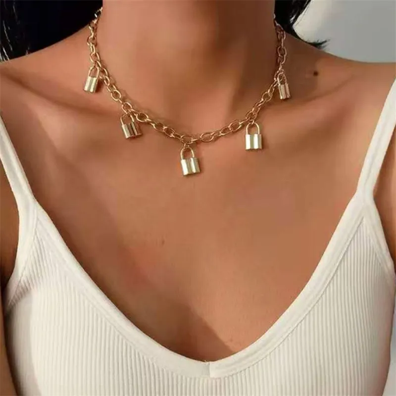 Bloqueio forma design pingente colar retro liga clavícula cadeia ouro e prata luxo amantes gargantilha moda senhora jóias