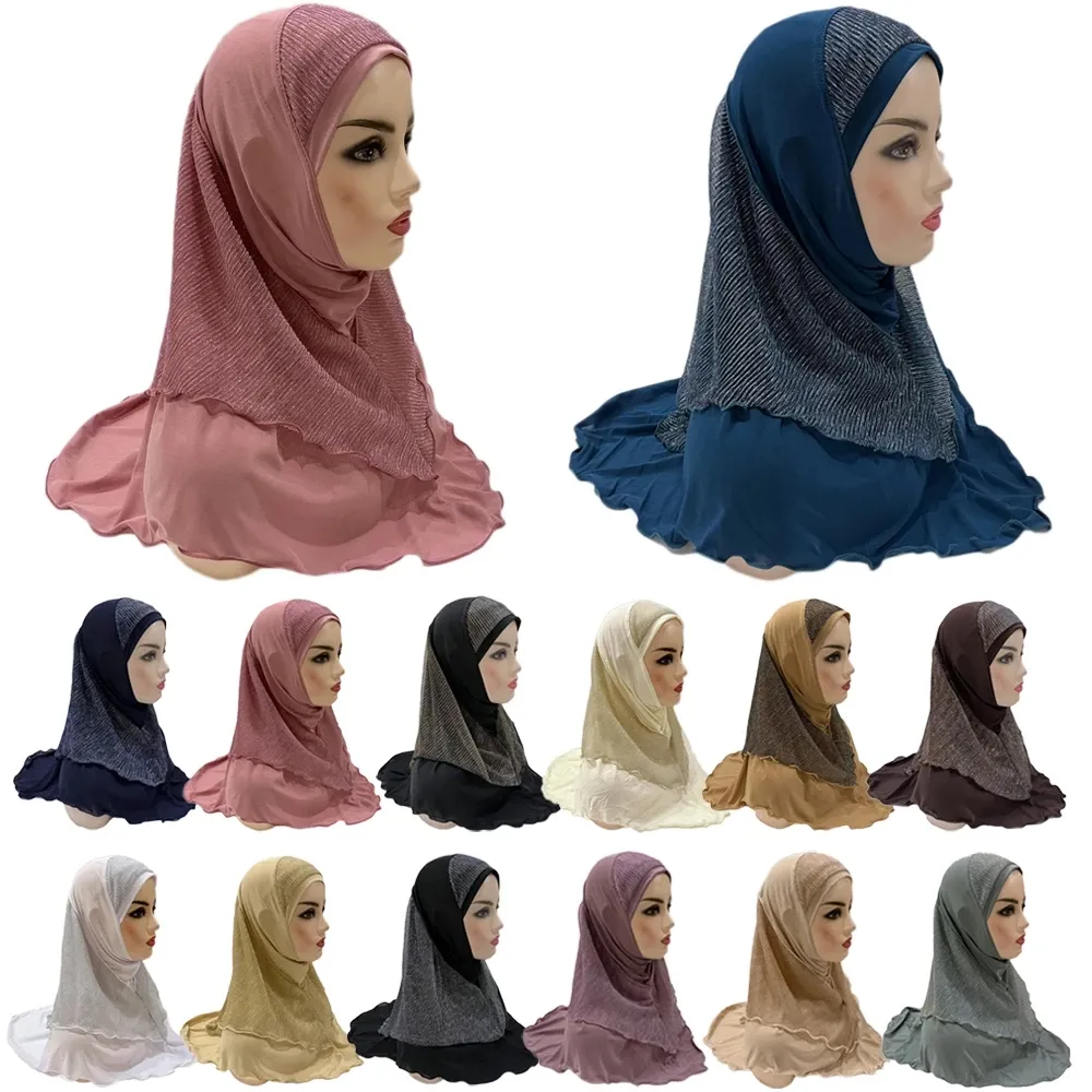 One Piece Muslim Amira Hijab With Net Layer Pull On Ready Wear Cap Hats Islamic Scarf Head Wrap Shawls Bonnet Chemo Turban Cover